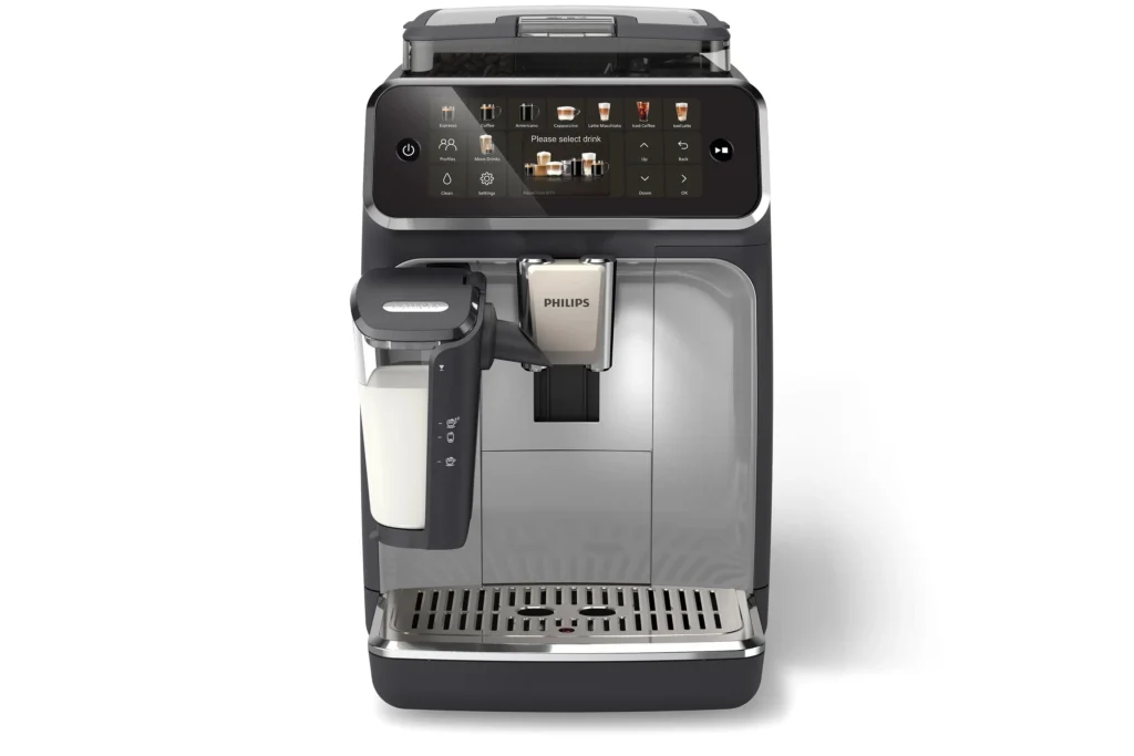 Espressor automat Philips EP5546/70 seria 5500, presiune 15 bari, solutie de lapte LatteGO, 20 tipuri de bauturi, ecran tactil , Tehnologie noua SilentBrew-preparare silentioasa, rasnita ceramica, functie QuickStart, jet suplimentar, negru argintiu — Specificații pe scurt