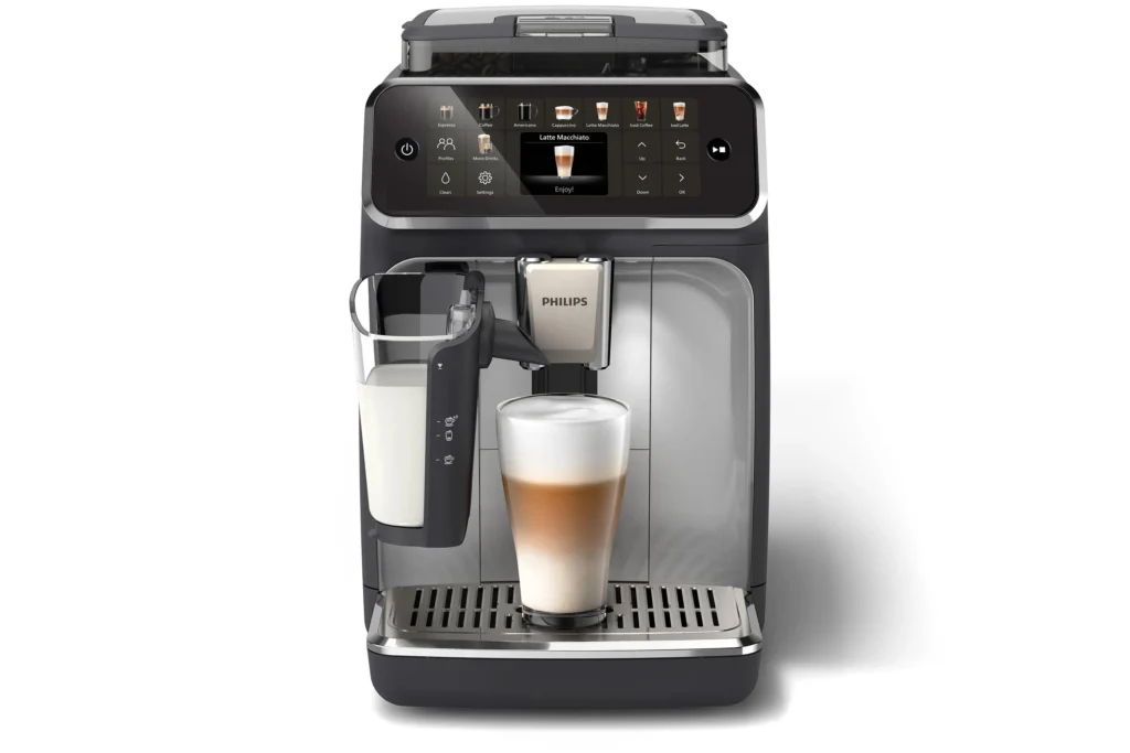 Espressor automat Philips EP5546/70 seria 5500, presiune 15 bari, solutie de lapte LatteGO, 20 tipuri de bauturi, ecran tactil , Tehnologie noua SilentBrew-preparare silentioasa, rasnita ceramica, functie QuickStart, jet suplimentar, negru argintiu